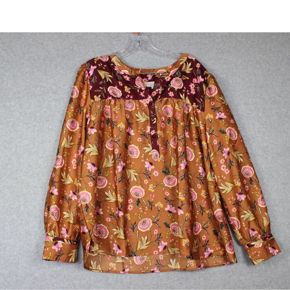 LOFT Brown Pink Yellow Floral Long Sleeve Pullover Blouse XL